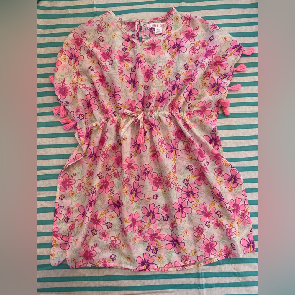 Japna Girls Size 12 Floral Pink Tassel Beach Cover-Up